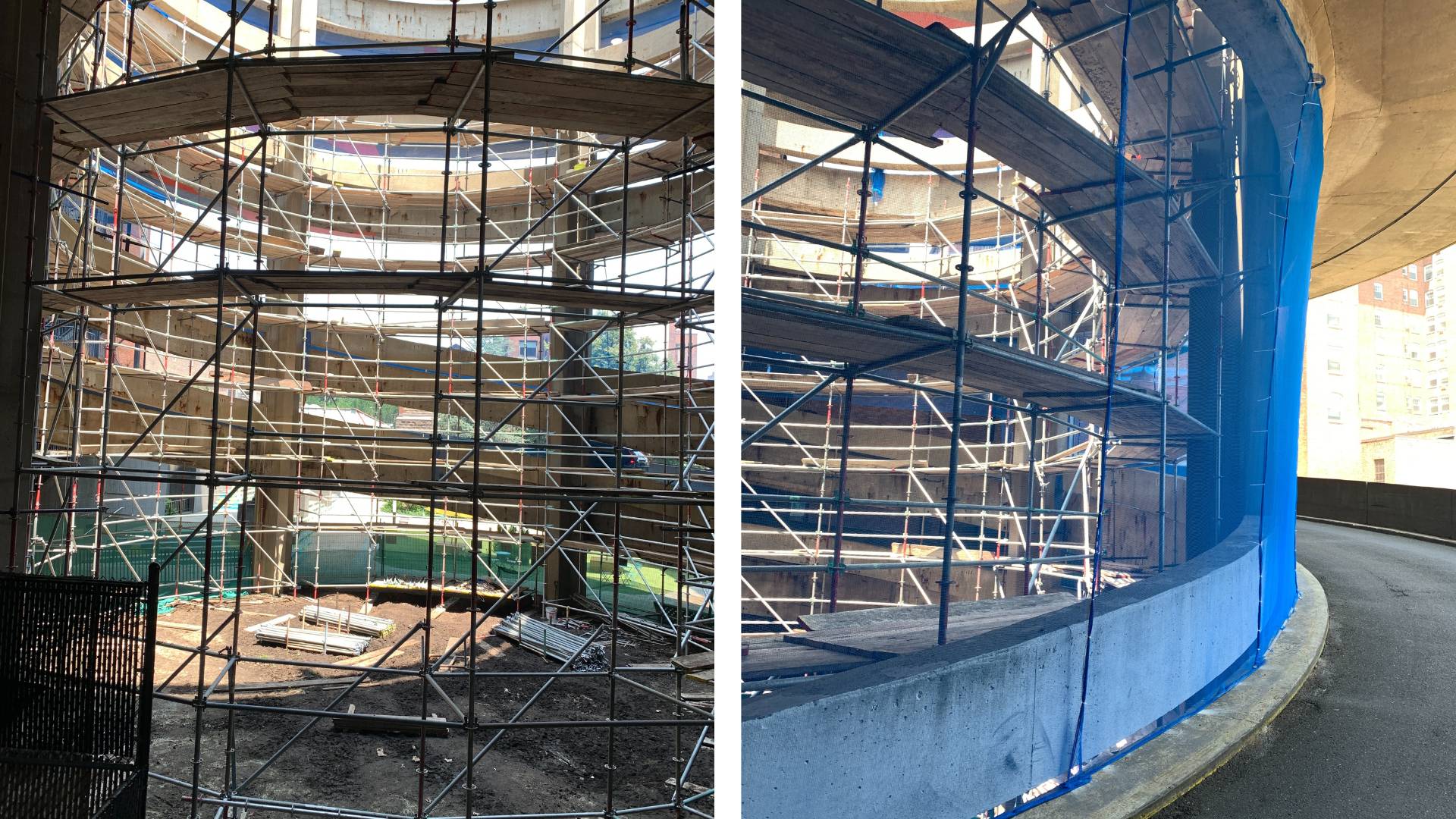 Concrete façade with scaffolding.